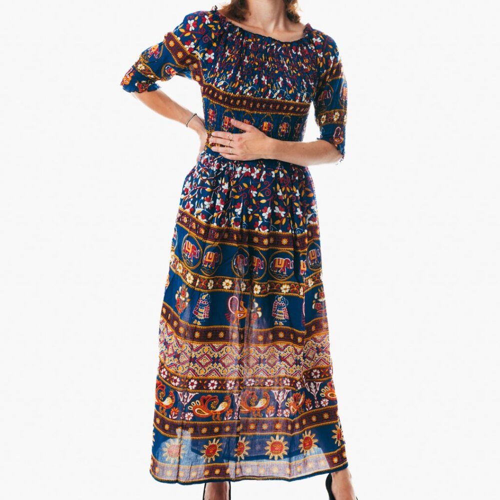 Blue peasant maxi dress short sleeve off shoulder boho summer floral tie dye